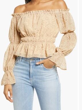 WAYF Tan Leopard Print Smocked Off The Shoulder Peplum Blouse Top Small